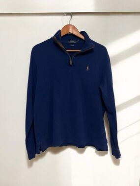 Polo Ralph Lauren Navy Blue Estate Rib Mock neck Quarter Zip Pullover size M